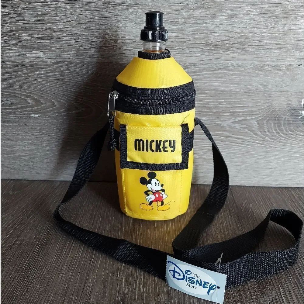 NEW Disney Mickey Mouse Yellow Plastic Water Bottle w/ Zipper Case & Strap